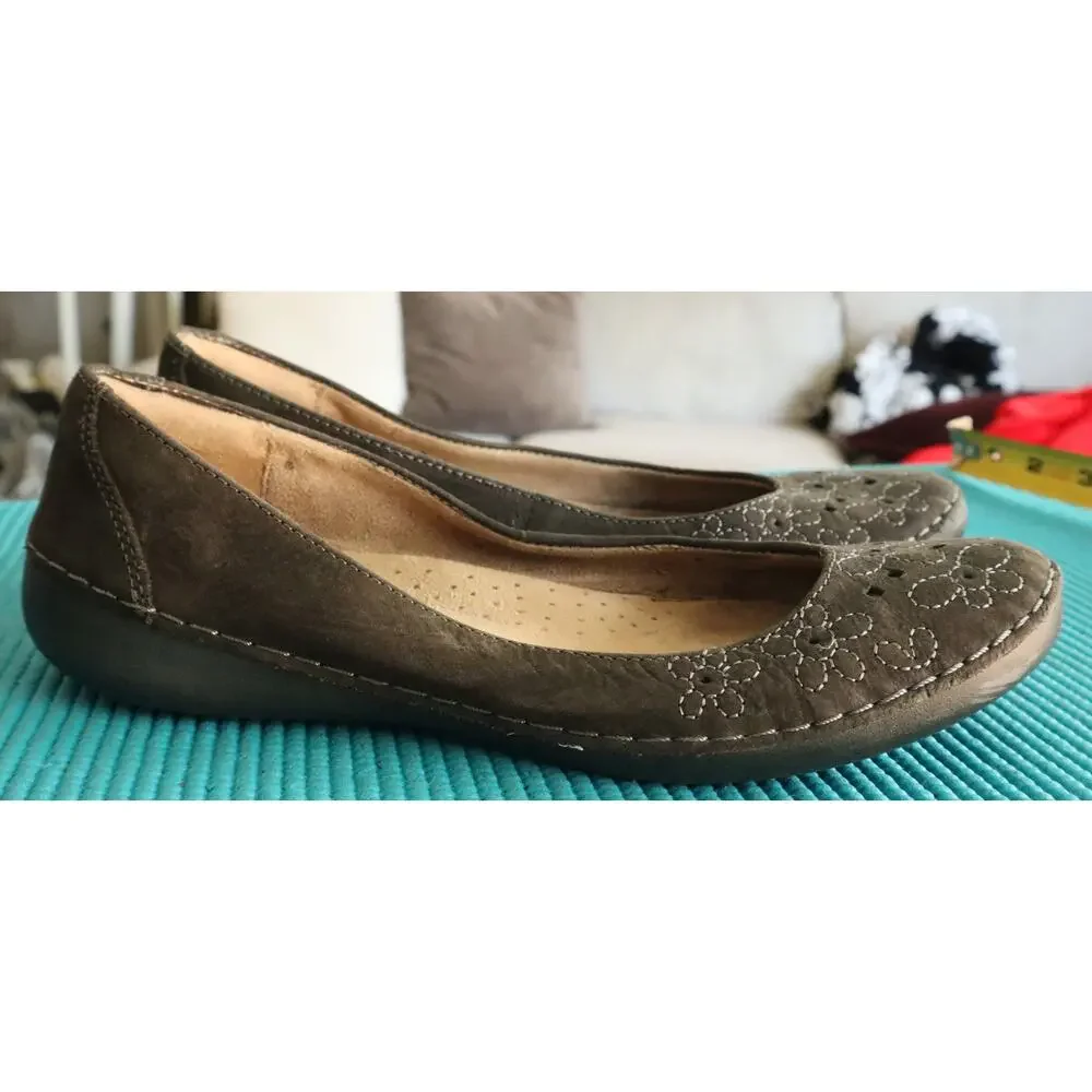 Naturalizer Ballet Flat GRAY Leather Slip on Embroidered Floral Round Toe 7.5